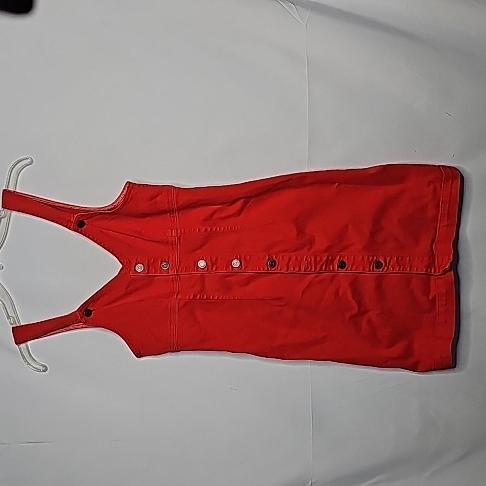 Etica Y2K Evelyn flame red button down denim jean overall skirt dress sz Small